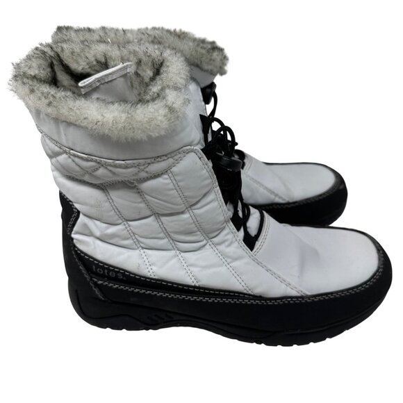 Winter Snow Boots 10 Totes White Black Fur Lined Quilted Waterproof Ankle Boots - Picture 3 of 8